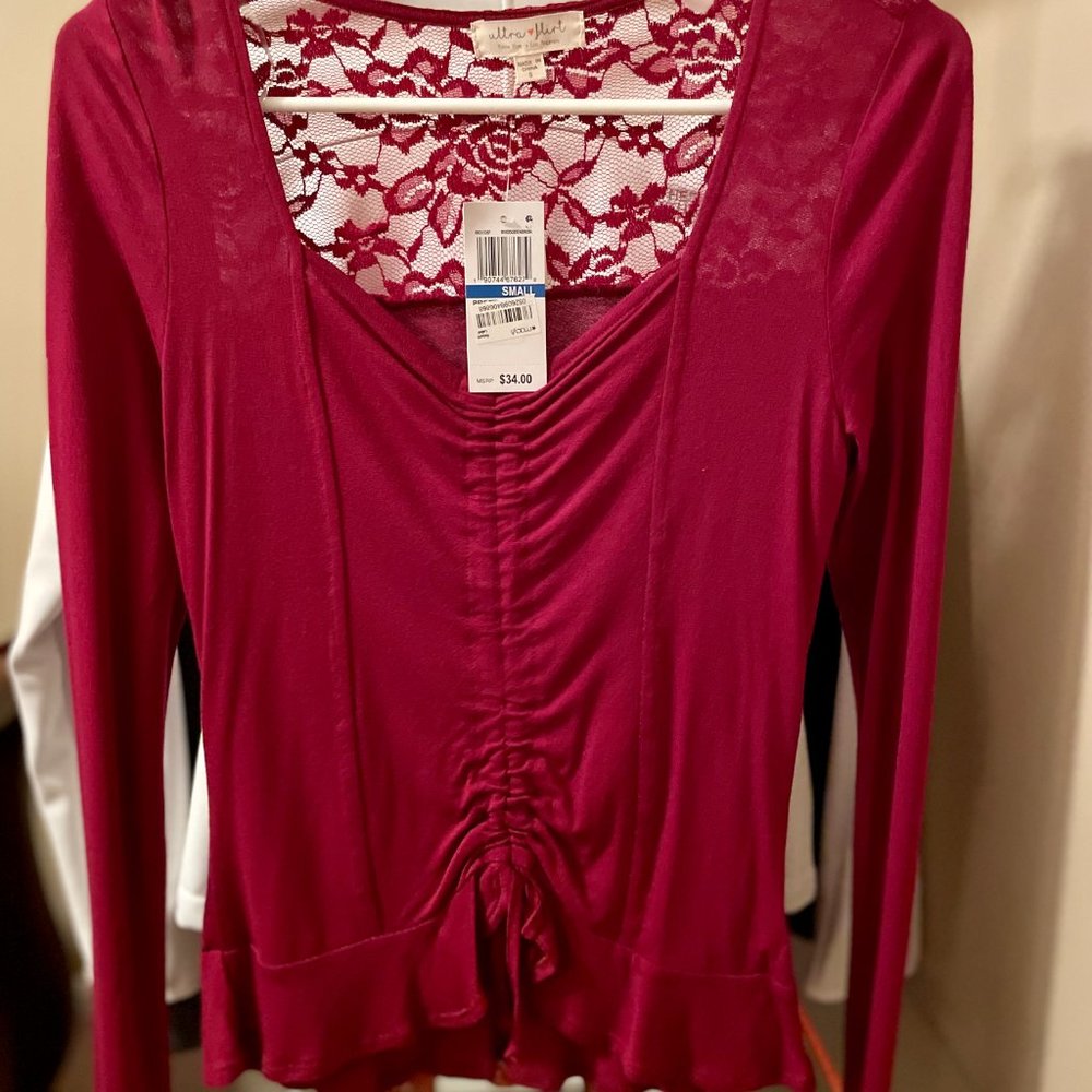 Women’s Long Sleeve Top, Dressy Blouse, Sexy, Red, Lace, cinch front